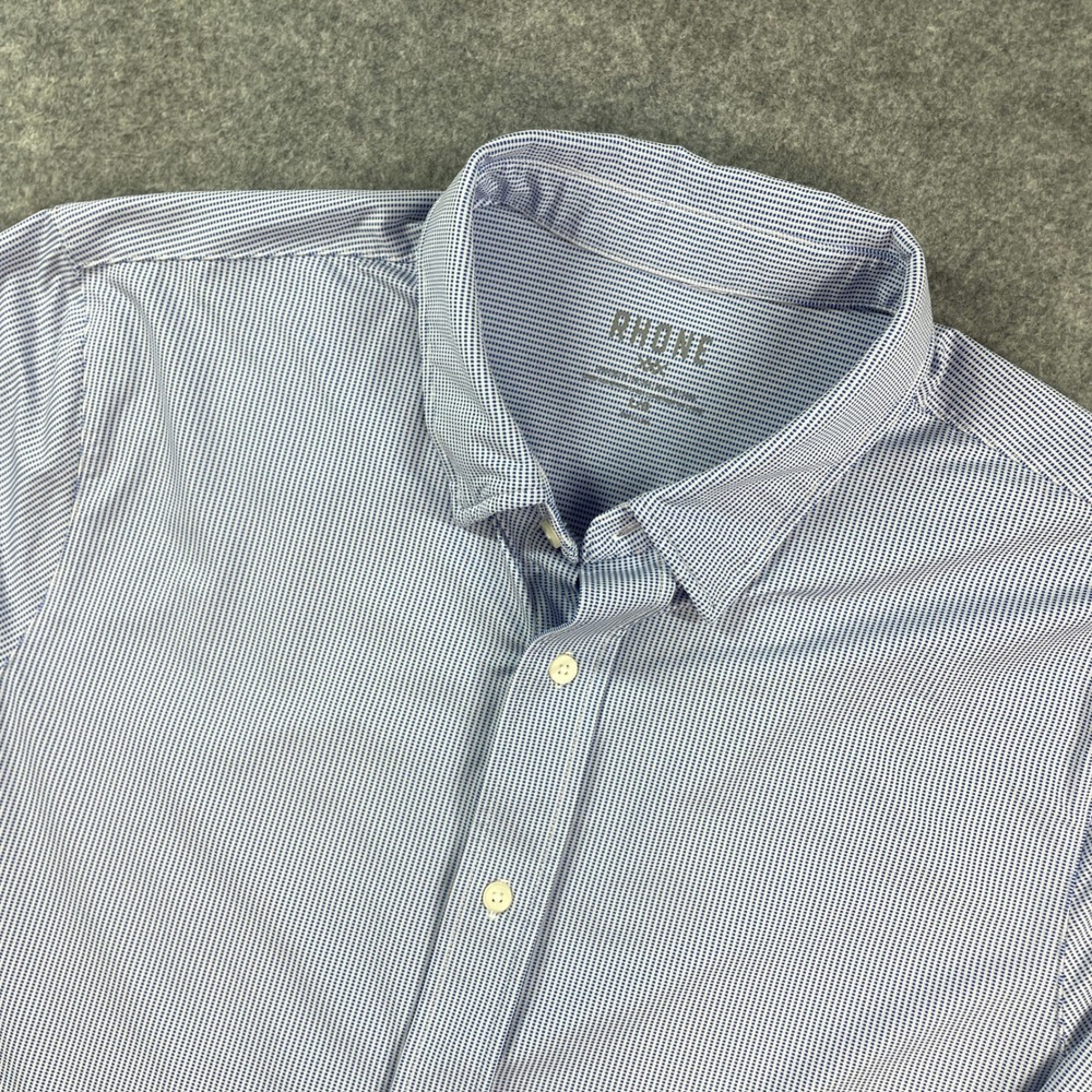 Rhone Mens Shirt L Blue Striped Stretch Long Sleeve Athletic Gym Button Down